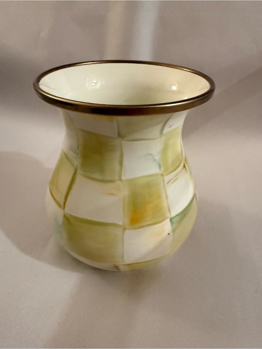 MacKenzie-Childs Parchment Check Enamel Vase. Rare Find. Unused